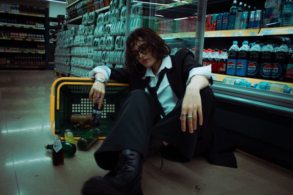 A contemplative person in a supermarket aisle, surrounded by scattered bottles.