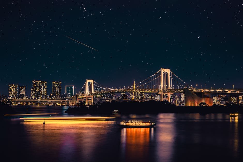 Night view of Tokyo's Rainbow Bridge under a starry sky, reflecting city lights on the water.