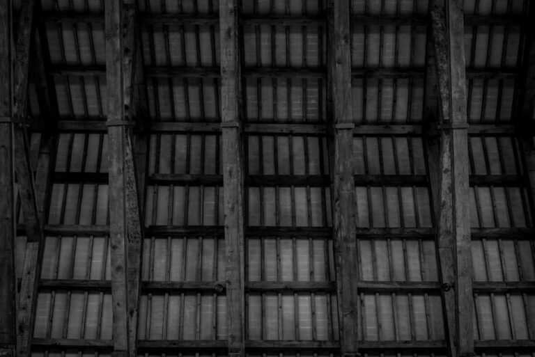 High contrast image of a wooden ceiling with rustic trusses in monochrome.