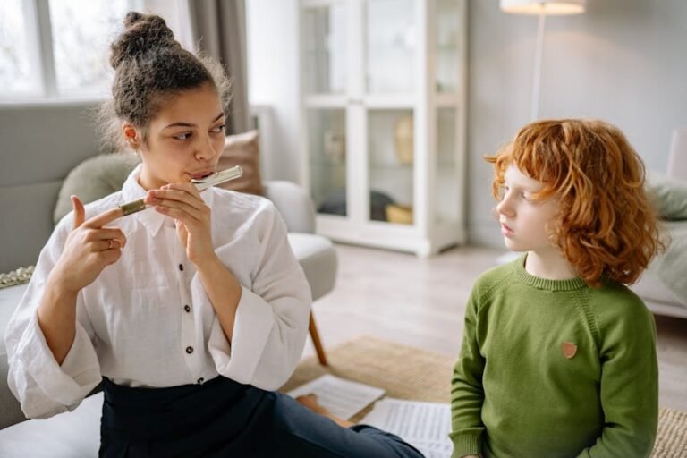 Woman teaching child to play flute in a cozy home setting.